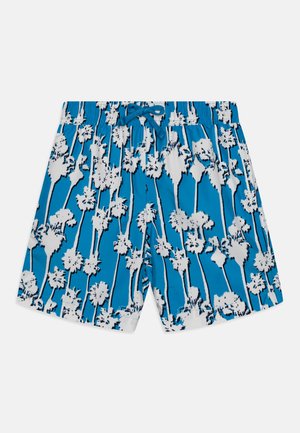 Blå svøm shorts med et hvidt palmetræ mønster, en elastisk talje med snoretræk og en let, glat tekstur.