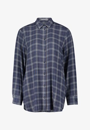 Chemise à manches longues à carreaux bleus et gris, boutonnée à l'avant, avec un col et des manches retroussées, fabriquée à partir d'un tissu doux et texturé.