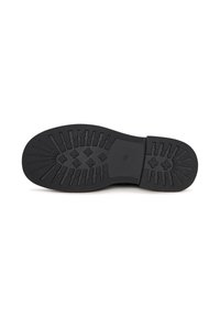 Suola di scarpa nera in gomma con profondi battistrada, caratterizzata da un motivo di linee in rilievo e piccole croci per trazione e stabilità.