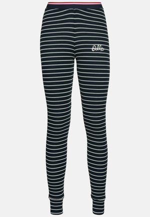 Navy and white striped leggings with a snug fit, elastic waistband, and cuffed ankles. Features small embroidered logo on leg.