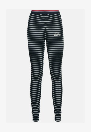 Navy and white striped leggings with a snug fit, elastic waistband, and cuffed ankles. Features small embroidered logo on leg.