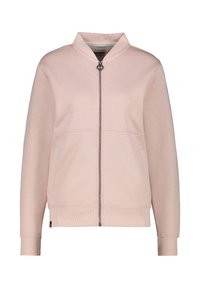 Giacca rosa chiaro con zip, colletto alto, polsini a costine, due tasche laterali e una texture morbida. Presenta una cerniera centrale e cuciture piatte.