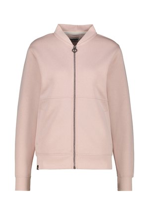 Lichtroze zip-up jas met hoge kraag, ribbels aan de mouwen, twee zijzakken en een zachte textuur. Kenmerkt zich door een centrale rits en platte naden.