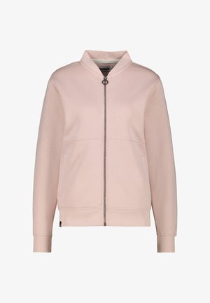 Light pink zip-up jacket with a high collar, ribbed cuffs, two side pockets, and a soft texture. Features a central zipper and flat seams.