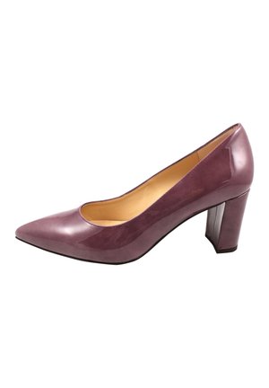 Lila Lackleder-Pumps mit hohem Absatz, spitzer Zehenpartie und breitem Blockabsatz. Glatte Textur und glänzendes Finish.