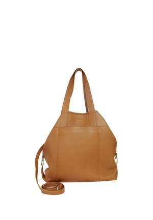 Borsa in pelle color cuoio con doppi manici e tracolla lunga removibile, caratterizzata da un design minimalista e dettagli di cuciture sottili.