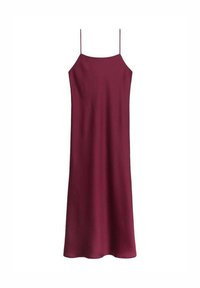Vestido de seda burdeos con tirantes finos tipo espagueti, hecho de una tela suave. Diseño simple, hasta la rodilla, sin patrones ni adornos.
