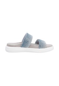 Blue shimmer slide sandals with two wide straps and a soft gray footbed. Textured upper with a white, cushioned rubber sole.