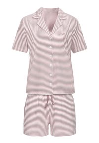 Σετ πυτζάμες με κοντά μανίκια και γιακά, σε απαλό ροζ και λευκές ρίγες. Διαθέτει κλείσιμο με κουμπιά, τσεπάκι στο στήθος και ελαστική μέση στα σορτς.