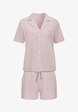 Lühikeste varrukatega, kraega pidžaamakomplekt kahvaturoosades ja valgetes triipudes. Omadused hõlmavad nööpidega sulgemist, rinnataskut ja elastset vööd lühikeste pükste juures.