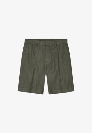 Oliivivihreät pellavashortsit, joissa on joustava vyötärö, rento leikkaus ja kaksi etupuoliskoa; sileä pinta, polvipituinen muotoilu.