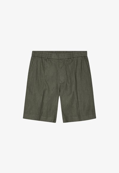 Olivgröna linnebyxor med elastisk midja, avslappnad passform och två frontveck; mjuk textur, knälång design.