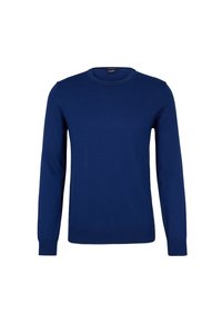 Pull à manches longues bleu marine avec col ras du cou, poignets et ourlet côtelés, tissu en maille uni, présenté sur fond blanc.