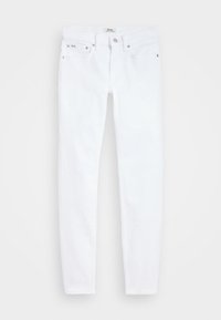 Bílé denimové džíny s úzkým střihem, s praktickým zipem, předními kapsami a detaily ze stříbrného kovu. Hladká textura s minimem švů.