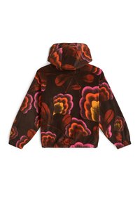 Pull à capuche en polaire marron avec de grands motifs floraux multicolores en rose, orange et jaune. Présente des poignets et un ourlet élastiqués.