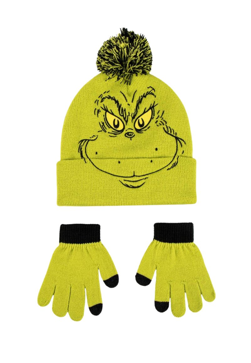 Bonnet en tricot vert avec un pompon noir affichant un visage du Grinch, associé à des gants verts assortis avec des poignets et des bouts de doigts noirs.