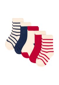 Cinque paia di calze: due con strisce blu navy e bianche, una blu navy solido, una rossa solido e una con strisce rosse e bianche. Composizione in misto cotone, lunghezza fino al polpaccio.