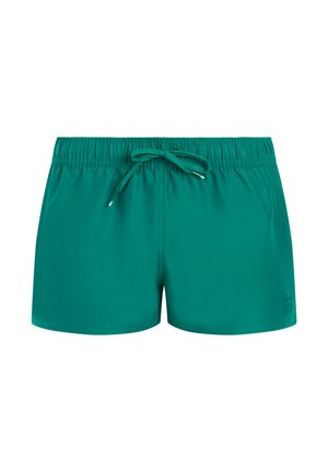 Mannen zwemshorts in een blauwgroene kleur met elastische tailleband en verstelbaar trekkoord aan de voorkant, gemaakt van gladde stof.