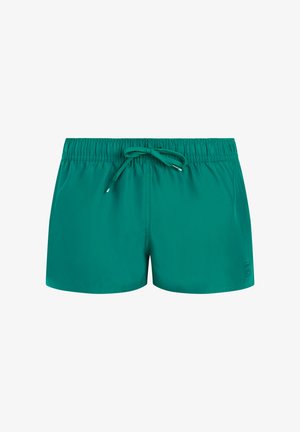 Teal-colored men's swim shorts with elastic waistband and adjustable drawstring tie at front, made of smooth fabric.