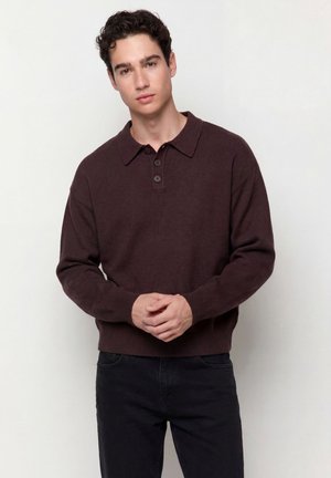 Jeune homme aux cheveux bouclés foncés portant un pull polo marron foncé à manches longues et un pantalon noir, debout devant un fond clair uni.