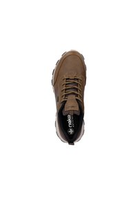 Brown leather shoe with black accents, round toe, lace-up design, rubber sole, and padded collar. Interior features branded insole.