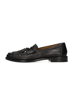 Schwarzer Lederloafer mit Quasten oben, niedrigem Absatz und Nahtdetail entlang der Spitze und Seiten, von der Außenseite gezeigt.