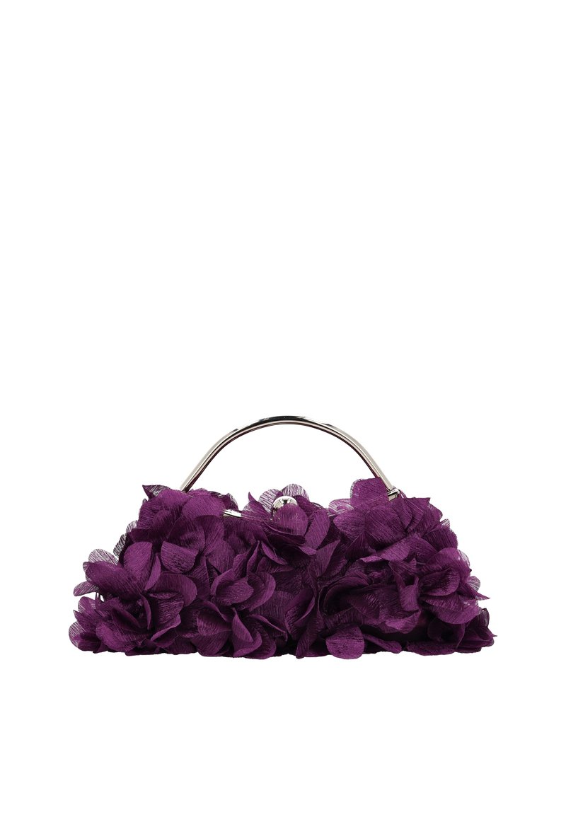 Bolso morado adornado con grandes aplicaciones de flores texturizadas, con un asa plateada y forma redondeada.