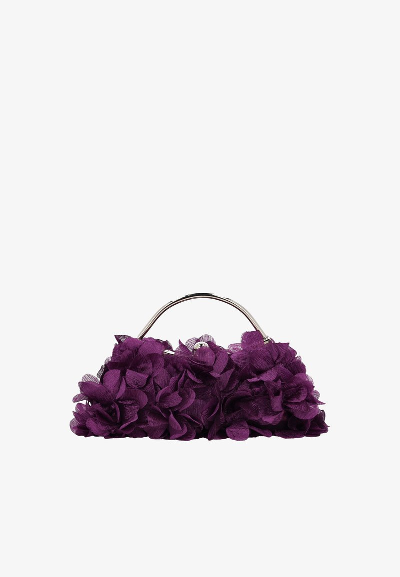 Bolso morado adornado con grandes aplicaciones de flores texturizadas, con un asa plateada y forma redondeada.