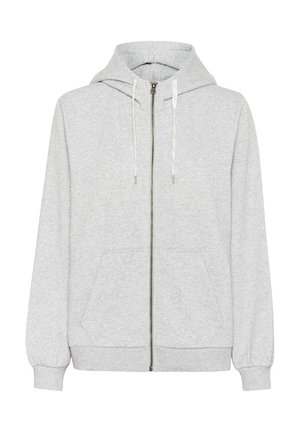 Siva zip-up dukserica od mekog materijala. Ima kapuljaču, dva prednja džepa i vezicu. Ribani manžeti i donji rub. Jednostavan dizajn.