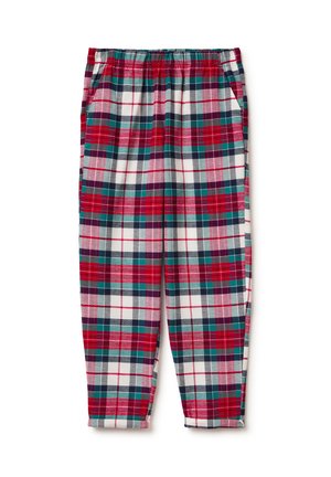 Elastische taillebroek in een geruit patroon met rood, groen en wit. Beschikt over zijzakken en heeft een ontspannen pasvorm die naar de taps toelopende boorden toe loopt.