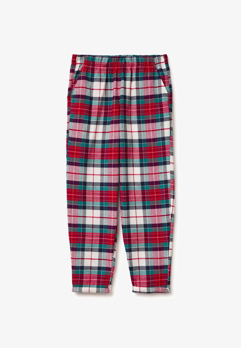 Spodnie w kratę z elastycznym pasem w czerwono-zielono-białym wzorze. Posiadają boczne kieszenie i luźny krój, zwężający się ku dołowi.