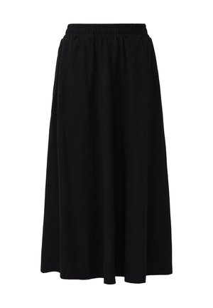 Jupe noire, arrivant au genou, en tissu doux et léger. Dotée d'une taille élastique et d'une forme évasée en A. Sans motifs ni accents.