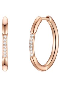 Orecchini a cerchio in oro rosa con finitura lucida, caratterizzati da una fila di piccole pietre incastonate per dettagli. Bordo arrotondato e chiusura a cerniera.