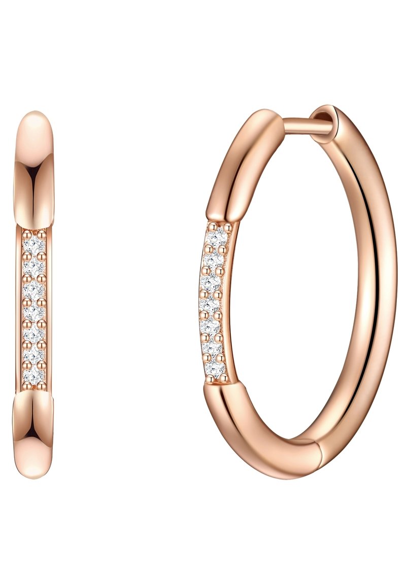 Orecchini a cerchio in oro rosa con finitura lucida, caratterizzati da una fila di piccole pietre incastonate per dettagli. Bordo arrotondato e chiusura a cerniera.