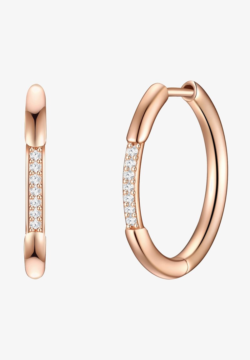 Orecchini a cerchio in oro rosa con finitura lucida, caratterizzati da una fila di piccole pietre incastonate per dettagli. Bordo arrotondato e chiusura a cerniera.