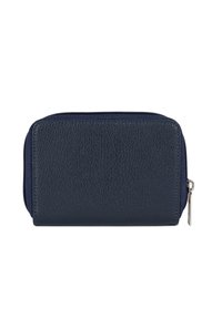 Portefeuille en cuir marine avec une surface texturée, fermeture éclair, et un subtil détail de couture. Forme rectangulaire compacte au design élégant.
