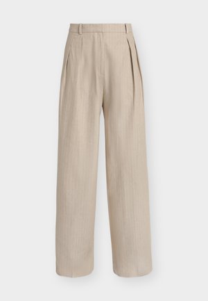 Beige high-waist wide-leg trousers with subtle vertical pinstripes, pleats at the front, and belt loops on the waistband.