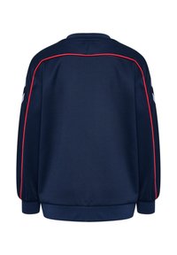 Marineblå langærmet sweatshirt med røde piping langs skuldre og ærmer, ribstrikkede manchetter og rund halsudskæring, set bagfra.
