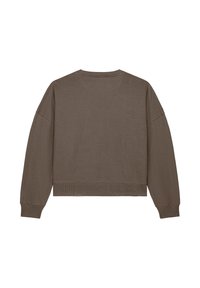 Bruine cropped sweatshirt met lange mouwen, geribbelde boorden en een eenvoudige, gladde textuur; geen zichtbare patronen of hardwaredetails.