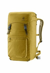 Khaki-Rucksack mit rechteckigem Design, verstellbaren Trägern, einer vorderen Reißverschlusstasche und einer strukturierten Mesh-Rückseite für zusätzlichen Komfort.