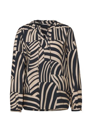 Blusa a maniche lunghe in navy e beige, con motivo a righe astratte, scollatura a V con lacci e polsini arricciati. Tessuto leggero e liscio.