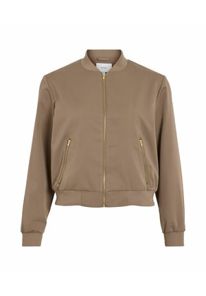 Braune Bomberjacke mit einem Reißverschluss vorne, gerippten Bündchen und Saum sowie zwei Fronttaschen mit goldfarbenen Reißverschlüssen. Glattes Stoffgefühl.