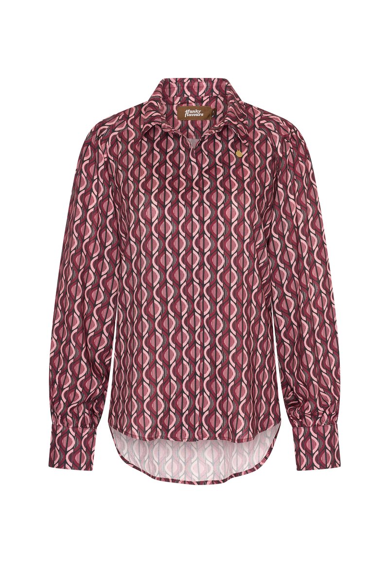 Camicia a maniche lunghe di colore bordeaux con un motivo ondulato rosa e nero. Presenta un colletto classico e polsini con bottoni, con un orlo leggermente curvo.