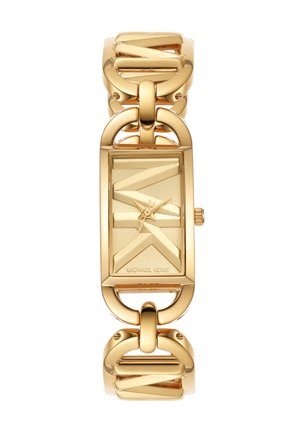 Rektangulært Michael Kors armbåndsur i guldfarvet med geometrisk mønstret urskive og ledet armbånd.