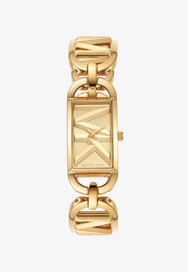 Goudkleurig rechthoekig Michael Kors polshorloge met geometrisch patroon op de wijzerplaat en een schakelen armband.