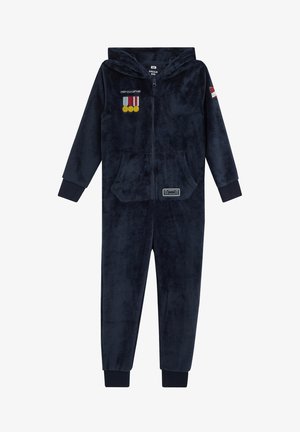 Marineblauer flauschiger Kapuzen-Einteiler mit Frontreißverschluss, Brustmedaillen-Stickerei, Kängurutasche und gerippten Bündchen an Ärmeln und Knöcheln.