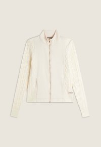 Maglione zip-up crema con collettino alto, caratterizzato da dettagli a treccia sulle maniche, polsini a coste e tasche laterali.