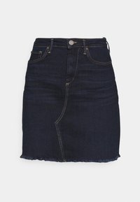 Navy denim skirt with a fitted silhouette, five pockets, gold stitching, and a frayed hem. Zipper and button closure at the waist.