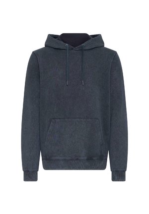 Donkerblauwe fleece hoodie met een voorvak, verstelbare capuchon met trekkoord, geribbelde manchetten en zoom. Zachte textuur met een subtiel patroon.