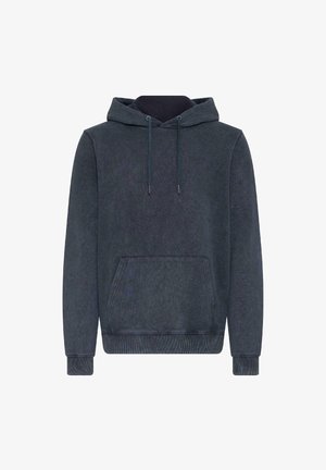 Sweat à capuche en polaire bleu foncé avec une poche avant kangourou, une capuche à cordon, des poignets et un ourlet côtelés. Texture douce avec un motif subtil.